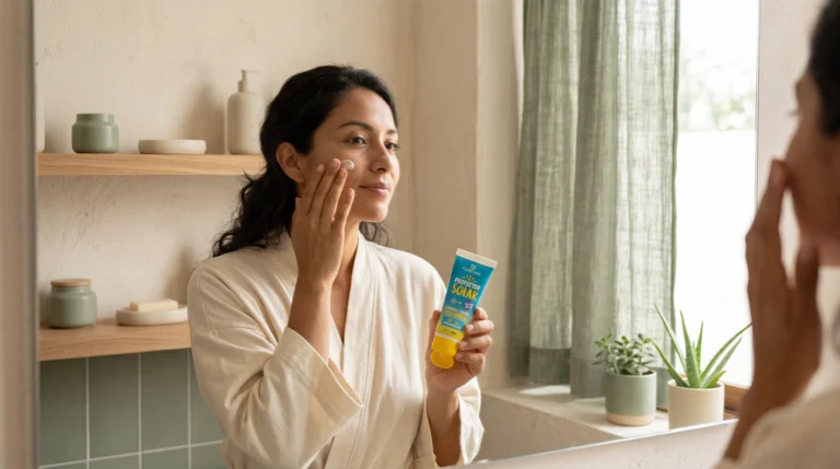 Mujer mexicana aplicando protector solar Flore Mar FPS 50 frente al espejo en su baño